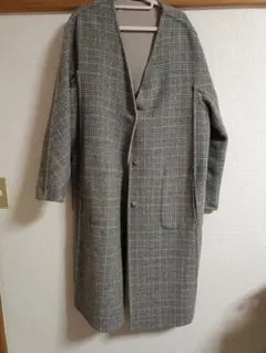 ベージュ チェック柄 ノーカラーコート