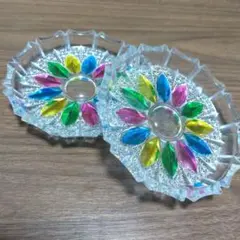 カラフルな花模様のガラス皿 2枚セット