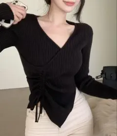 ZOZO Jasmine Vネックウエストギャザーリボンニットトップス