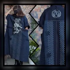 藍染牡丹柄♥古布リメイクワンピース　藍染古布合わせゆったりサイズ