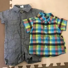 babyGap チェック半袖シャツ 80 ストラプデニムロンパース80