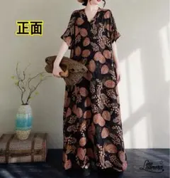 F 新品　25年度　春夏　薄手　葉模様　V字襟　マキシ丈　ゆったり