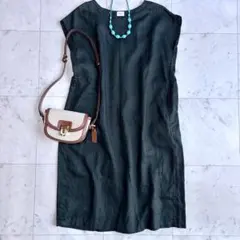 美品 URドアーズ リネンフレンチスリーブワンピース F 緑 定価1.1万円