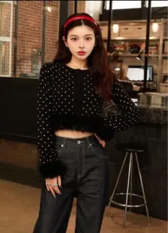⭐️ダーリッチ⭐️ドットジャガードフェザーニットトップス(ブラック)
