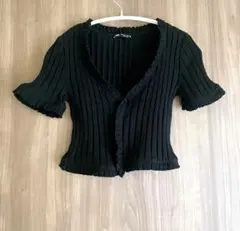 ZARA フリル リブニット カーディガン 半袖 ショート丈 トップス 未使用