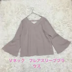Vネック ピンク　長袖ブラウス　M フレア　ベルスリーブ　春服　ロペピクニック