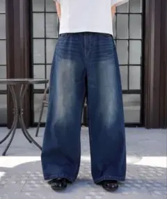 Regen Glanz ワイドレッグデニムパンツ ダークブルー