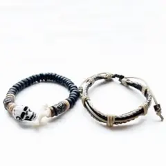 ブレスレット　2個　レザー　ナチュラル　ドクロ　カジュアル　編み込み　BR005