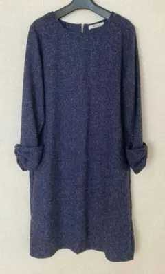 美品 膝丈ワンピース 長袖 紺地 袖口リボン風 七五三 セレモニー