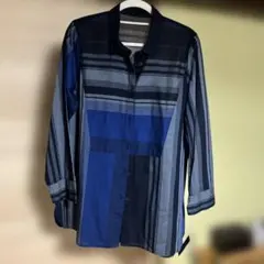 新品、未使用品　青系ストライプ 薄手長袖シャツ　綿100%M〜Lサイズ