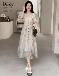 DAZY フローラル柄 パフスリーブ ボタンフロント ドレス