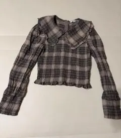 チェック柄フリル襟長袖トップス　ZARA