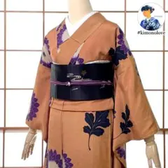 小紋着物 菊花 薄茶 大正ロマン アンティーク A-2459