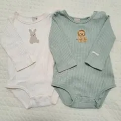 プティマイン ロンパース 長袖 80 動物刺繍 ウサギ ライオン 双子