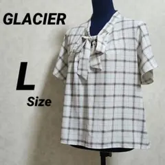 GLACIER 【美品】 L チェック柄 ボウタイブラウス 半袖 白のサムネイル