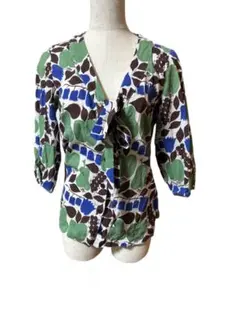 marimekko マリメッコ ヴィンテージ 半袖 ブラウス ブルー 総柄 L 