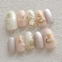 No.1129 現品販売！ネイルチップ　ピンク/クリスマス/雪/マグネット