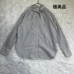 美品 栗原はるみ ボウタイブラウス ストライプ サイズLブルー ホワイト