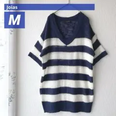 Joias ジョイアス 半袖ニットM ボーダー ゴールドラメ ネイビー ゆったり