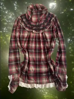 axes femme 森ガール チェック柄ハイネックレース 森ガール フリル