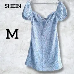 SHEIN 【M】ミニワンピース チュニック パフスリーブ 水色 花柄 夏