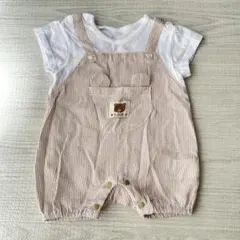 くま柄ベージュストライプオーバーオール風ロンパース 50-60cm