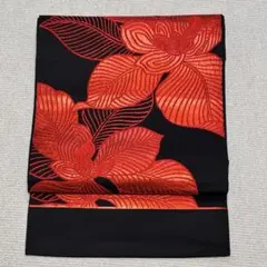 【B98】 黒地に大胆な朱赤の花 名古屋帯 長い♪