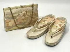 美品★御誂 高級金色花柄 草履24cm バッグ セット品 桐箱入り