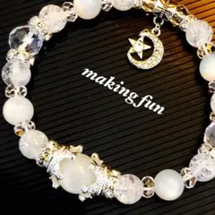 ホワイトムーンストーン 爆裂水晶 三日月 天然石ブレスレット