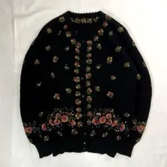 ウール100% 花柄刺繍 ニットカーディガン レトロ 古着女子 カントリーのサムネイル