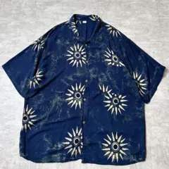 90s vintage 総柄 S/S シャツ 向日葵 太陽 ネイビー 幾何学のサムネイル