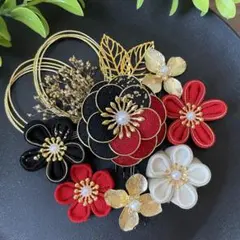 つまみ細工 髪飾り 成人式 結婚式 前撮り 10点セット 赤黒 【237】