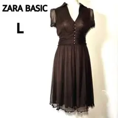 ZARA BASIC シフォンワンピース 半袖ドット柄 リゾートブラウン L