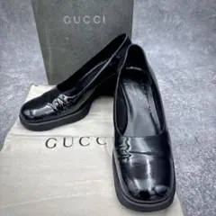 GUCCI スクエアトゥ　エナメル ウェッジソール　パンプス ブラック　36.5