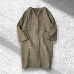 ノーカラーロングコート グレンチェック Vネック ドロップショルダー M