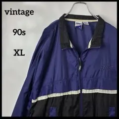 フルジップ　ナイロンジャケット　紫パープル　ブラック　90s刺繍ロゴ　アノラック