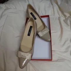 リボン ヒール パンプス ベージュ
