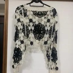 アイボリー ブラック レース編みカーディガン