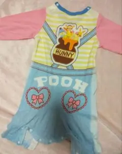 80サイズ くまのプーさん ピンク リボン 水色 オーバーオール風 ロンパース