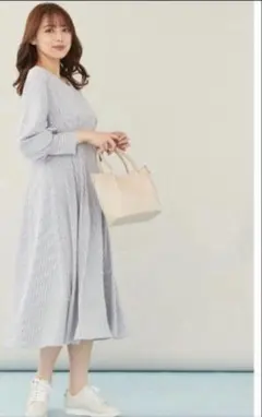 anysis ストライプ柄 バルーンスリーブワンピース ロング丈 L泉里香着用