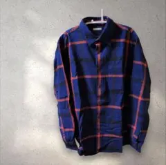 GU チェック柄 長袖シャツ 綿100% メンズ ネイビー×オレンジ Mサイズ