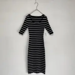 DURAS/デュラス】ボーダー　5部袖　ニットワンピース リブ　ロング丈　洗える