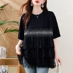 大流行新作 レディース オシャレデザイン Tシャツ 切り替 レース柄 着痩せ