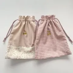ハンドメイド　リバティ　チェック　巾着袋セット