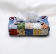 ⑥パッチワーク ティッシュボックスカバー（青）