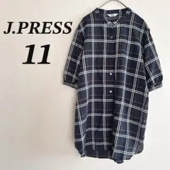 【美品】J.PRESS ジェイプレス チェック バンドカラーブラウス 11号 Lのサムネイル