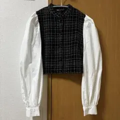 ZARA コントラストコンビツイードブラウス　XSのサムネイル