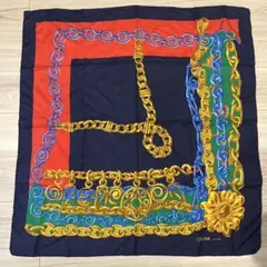 フランス製★CELINE シルク製の大判スカーフ約86✕82cm ネイビー＆赤緑