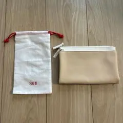SK-II 巾着袋 ポーチ ホワイト レッド、ベージュ二口ポーチ 2点セット