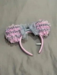 ディズニー　ミッキー型カチューシャ ピンクとグレーのフリル